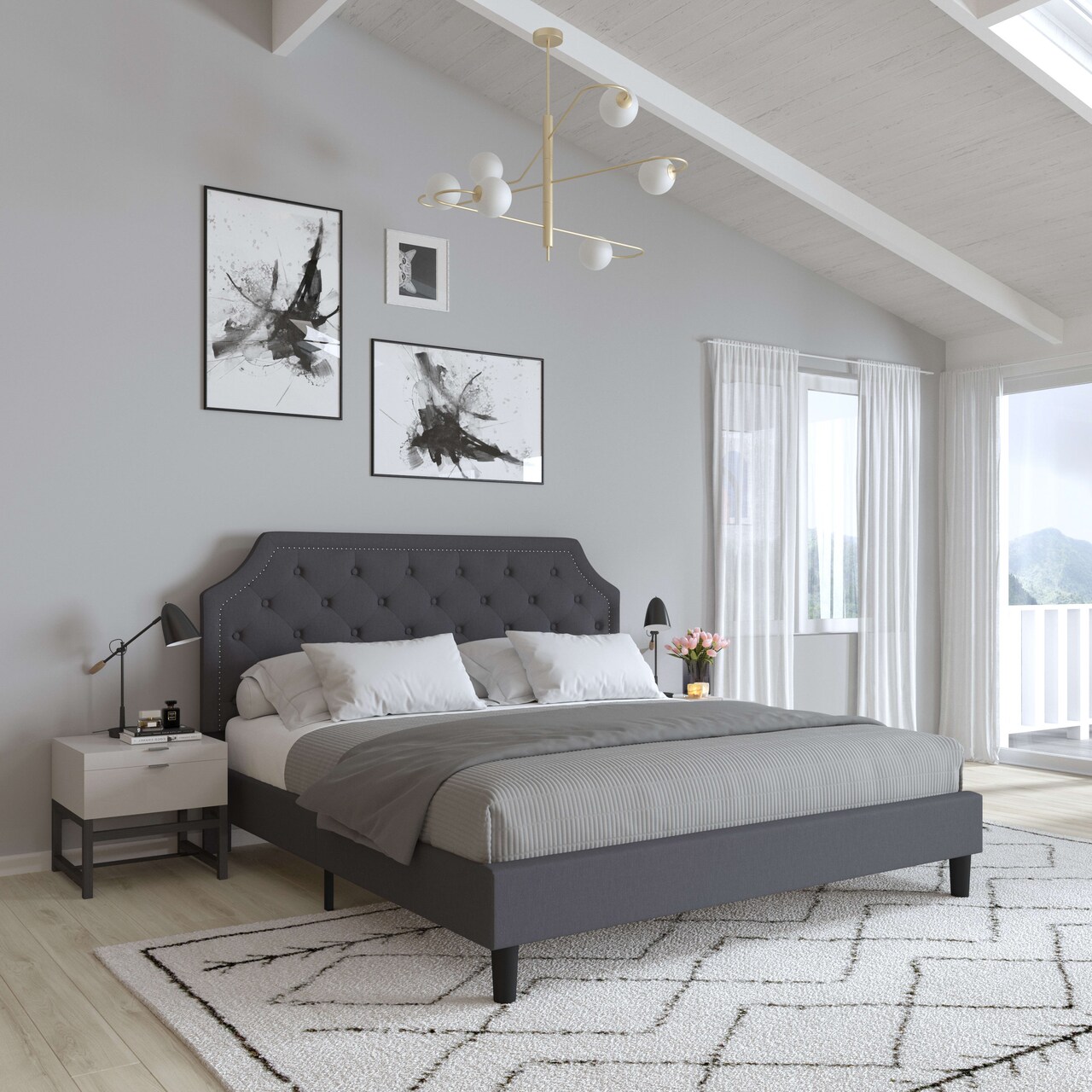 Merrick Lane Provence Platform Bed with Slatted Support Contemporary Tufted Upholstery with Accent Nail Trim
